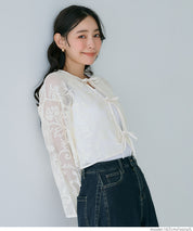日系透膚蕾絲長袖蝴蝶結罩衫