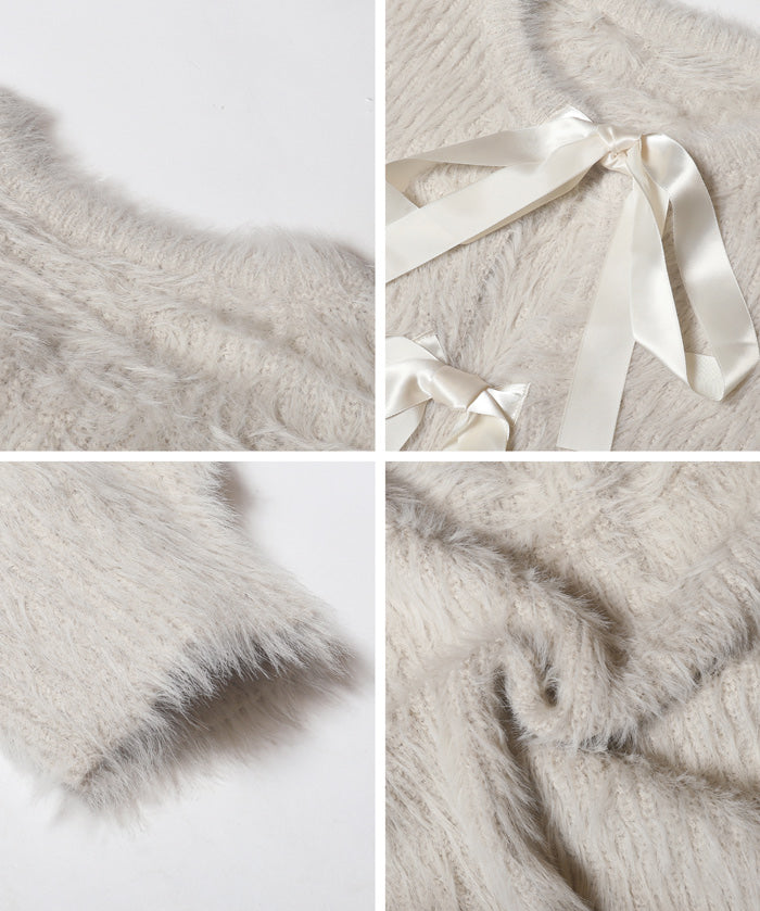 細閃毛絨造型蝴蝶結兩穿針織開衫