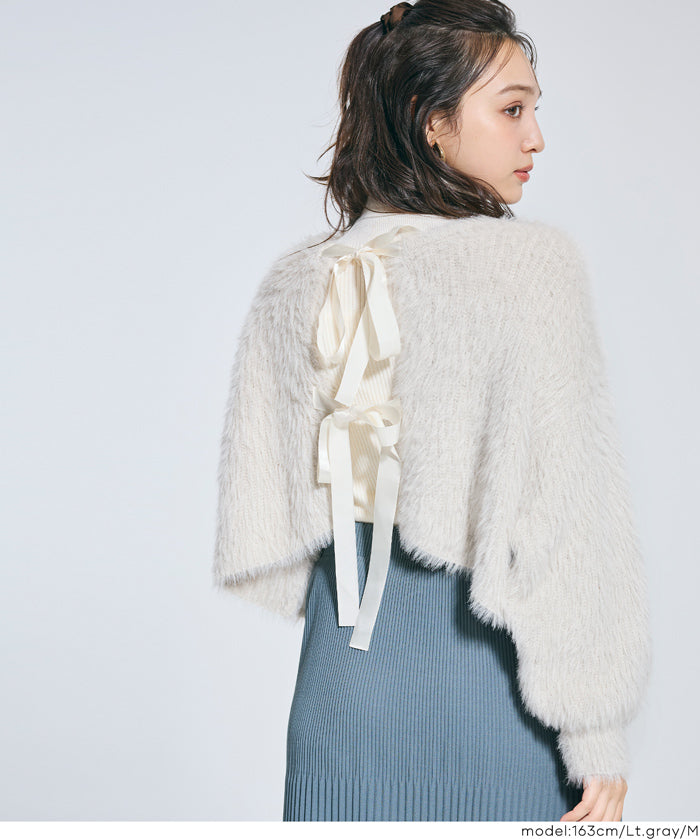 細閃毛絨造型蝴蝶結兩穿針織開衫