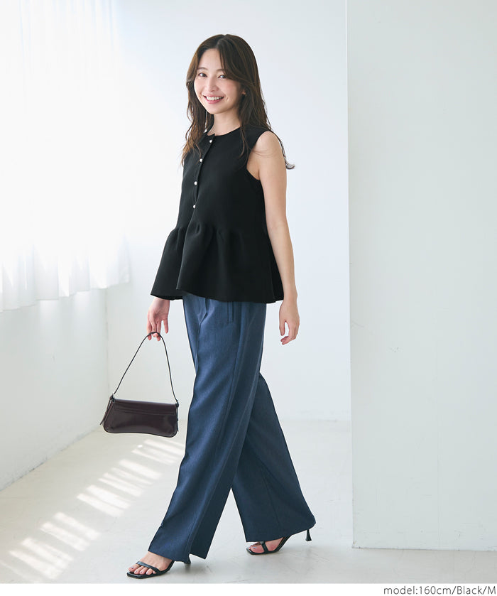 日系氣質銀扣荷葉下擺娃娃背心