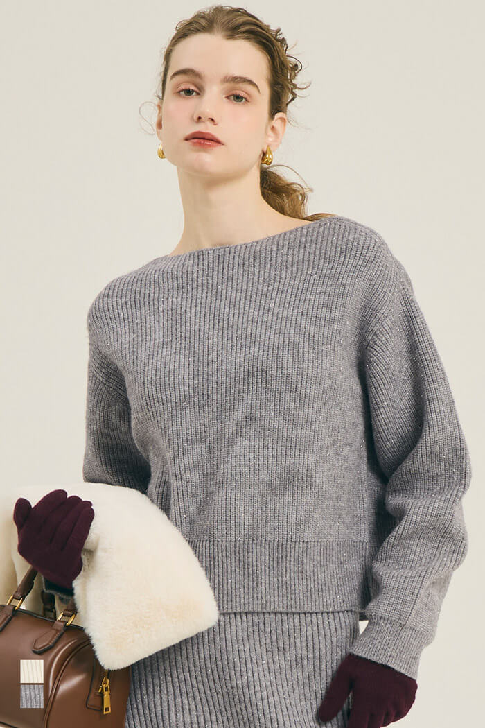 【可配套】細閃螺紋針織船領毛衣