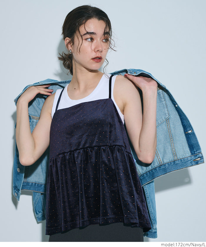 細閃碎鑽絨布細肩帶娃娃背心