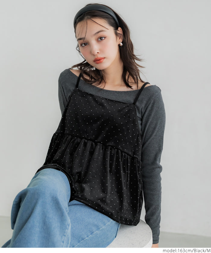 細閃碎鑽絨布細肩帶娃娃背心