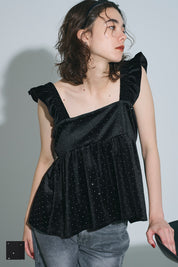 細閃碎鑽絨布荷葉邊娃娃背心