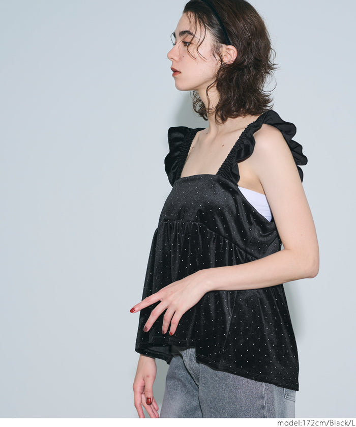 細閃碎鑽絨布荷葉邊娃娃背心