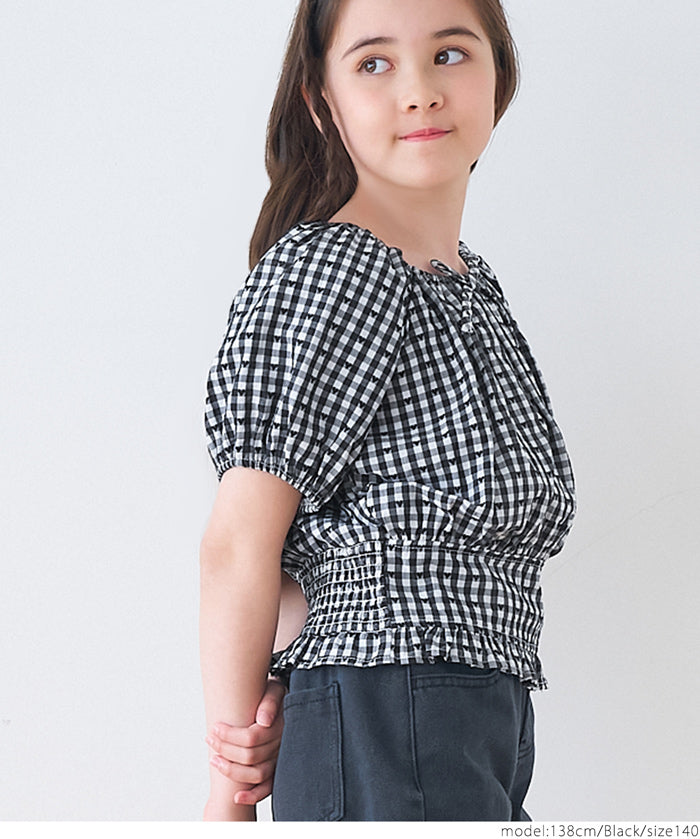 童裝日系格紋澎袖蝴蝶結上衣