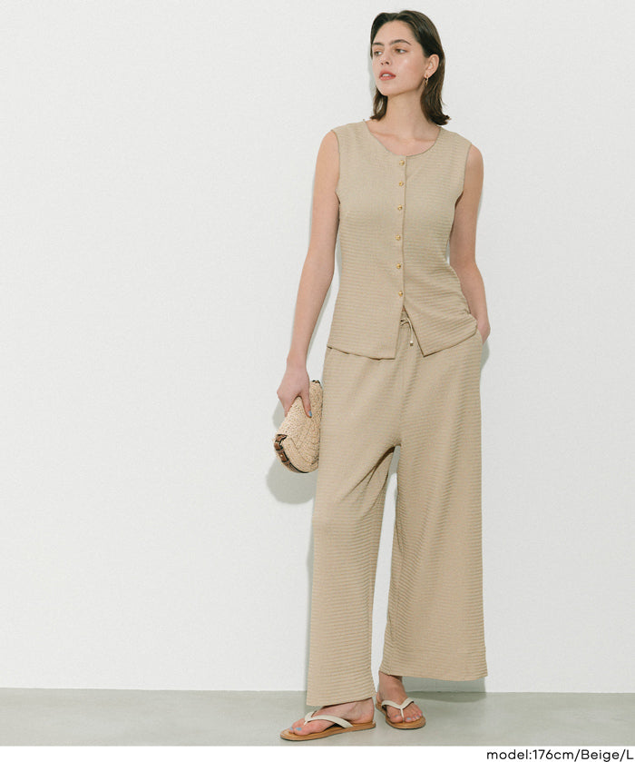 凹凸肌理彈性休閒褲 (Wide-leg pants with textured )