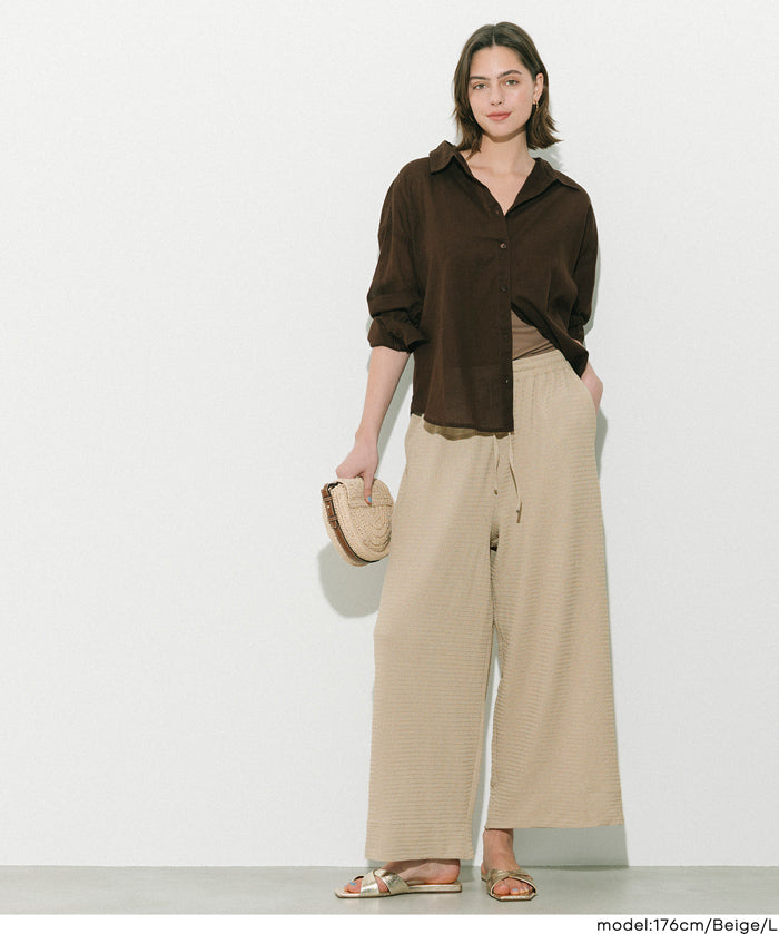 凹凸肌理彈性休閒褲 (Wide-leg pants with textured )