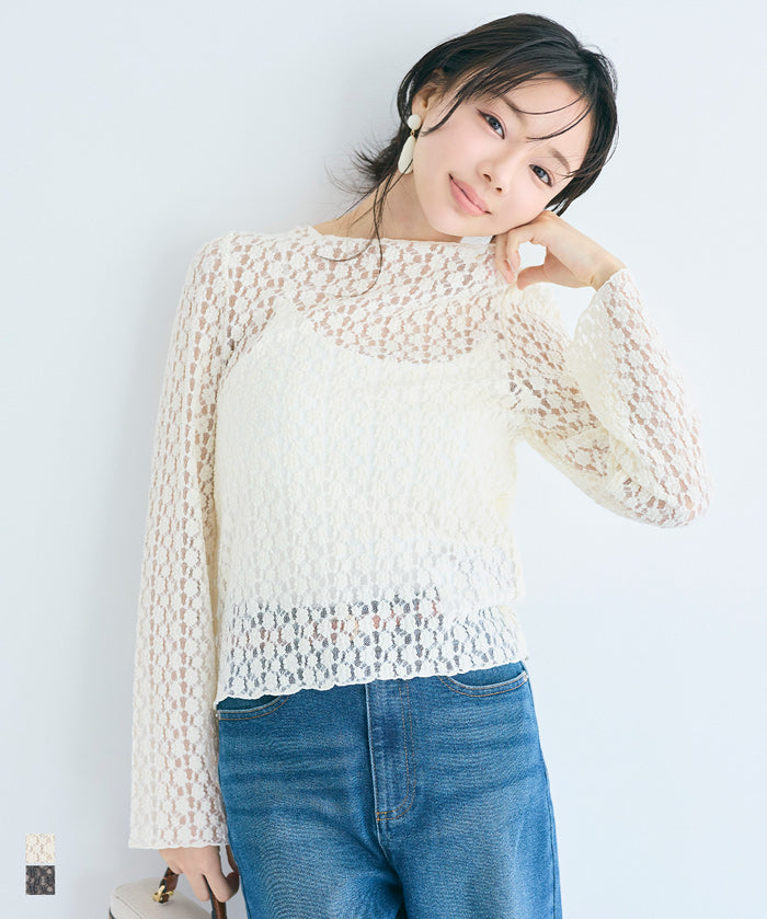 日系蕾絲船領長袖上衣