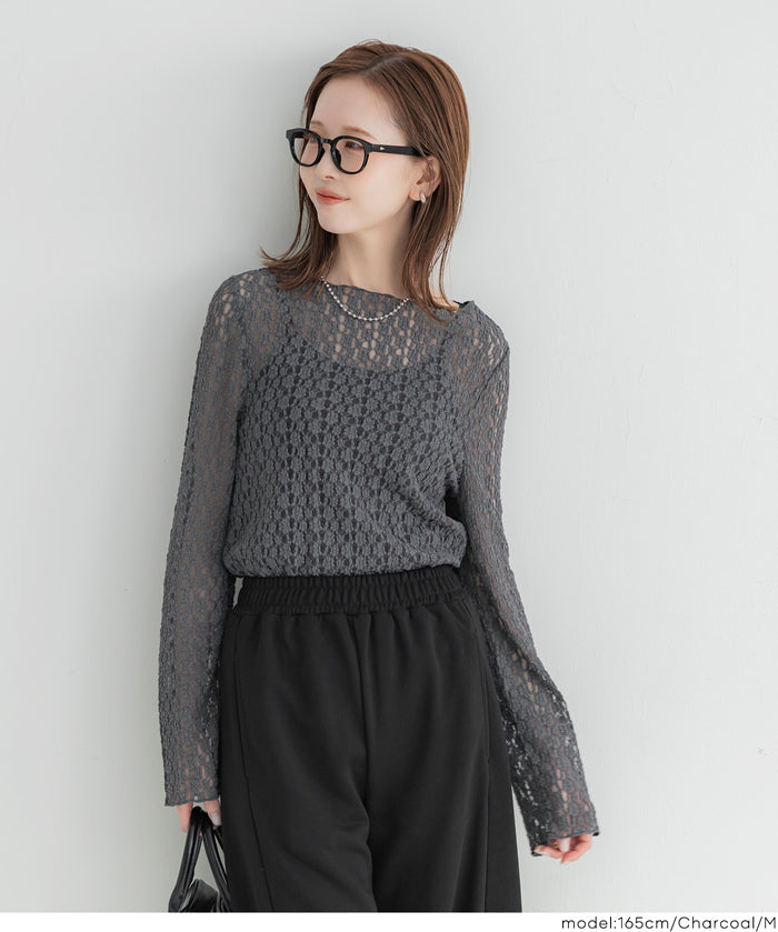 日系蕾絲船領長袖上衣