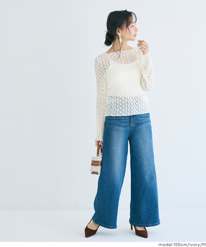 日系蕾絲船領長袖上衣