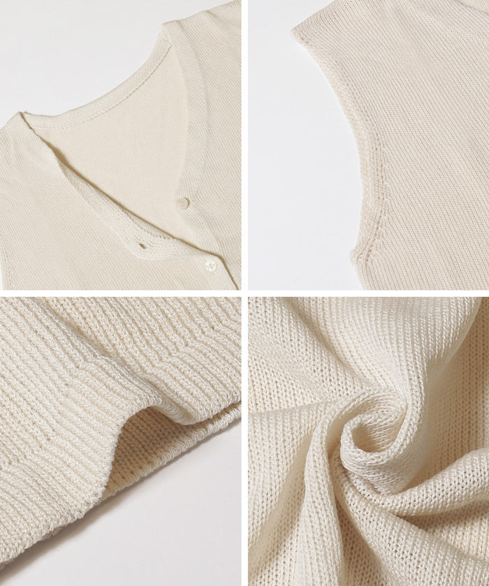 棉麻質感V領垂感透膚針織背心 (Linen-touch knit button vest)
