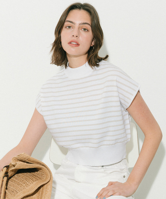 小高領條紋法式袖針織上衣 (French Sleeve Knit Top)