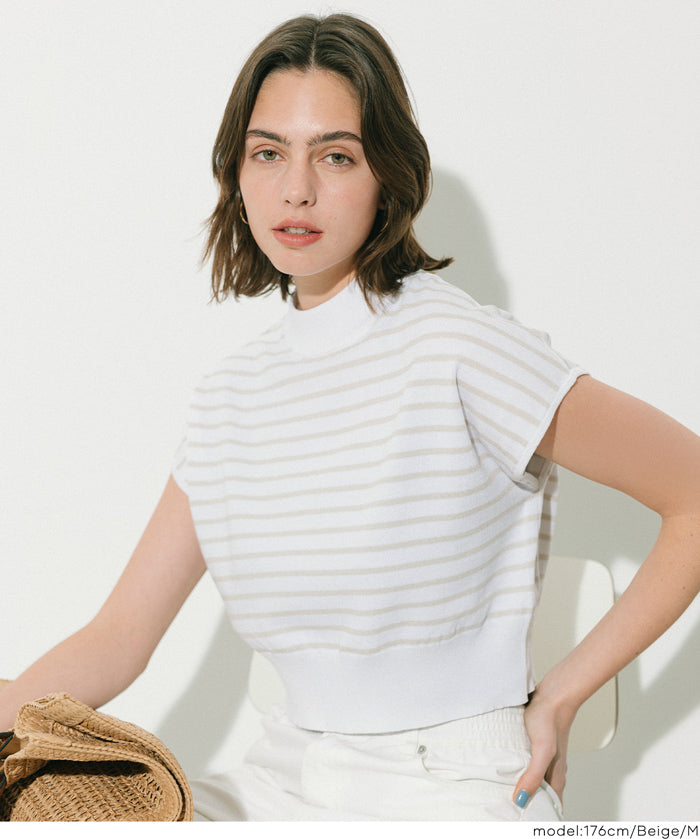 小高領條紋法式袖針織上衣 (French Sleeve Knit Top)