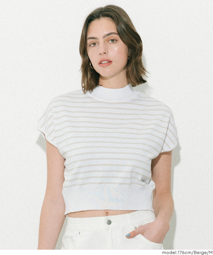 小高領條紋法式袖針織上衣 (French Sleeve Knit Top)