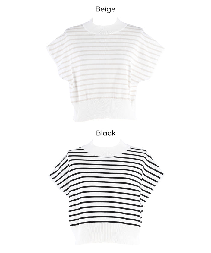 小高領條紋法式袖針織上衣 (French Sleeve Knit Top)