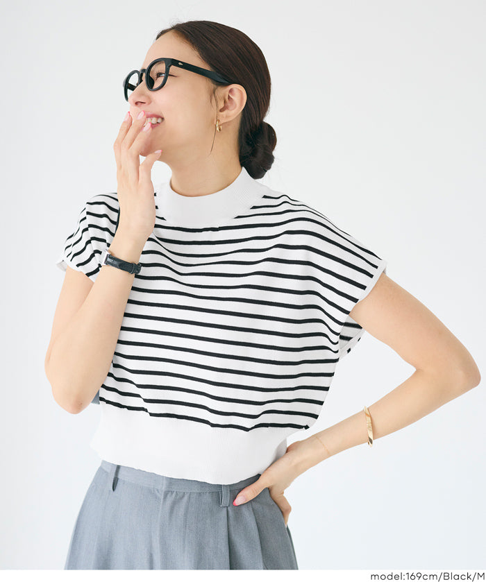 小高領條紋法式袖針織上衣 (French Sleeve Knit Top)