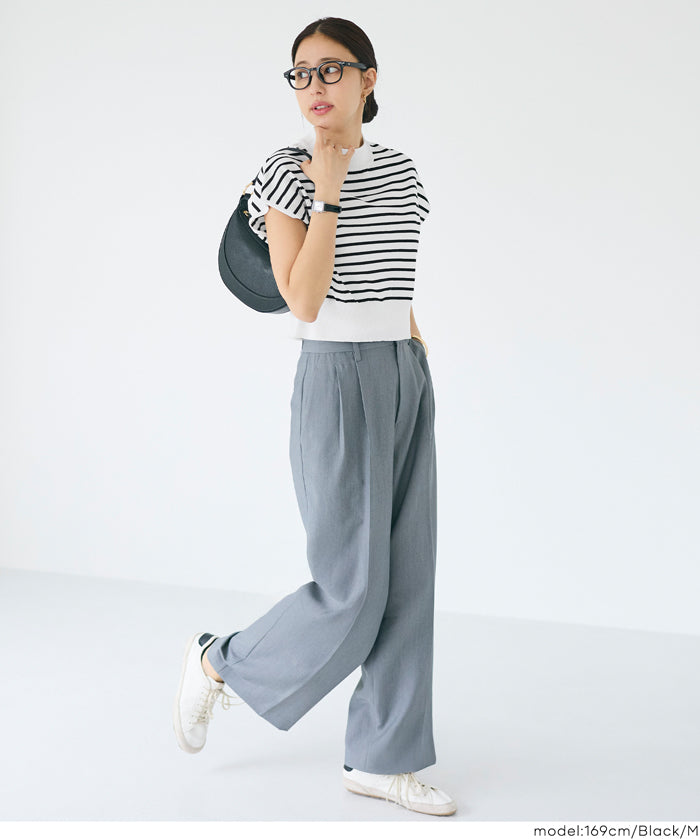 小高領條紋法式袖針織上衣 (French Sleeve Knit Top)