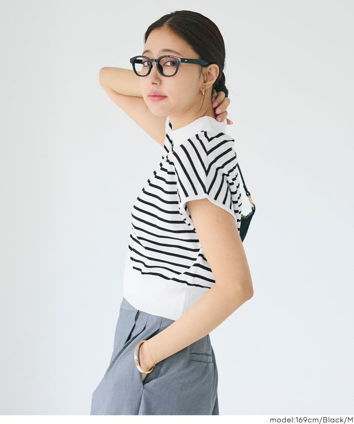 小高領條紋法式袖針織上衣 (French Sleeve Knit Top)