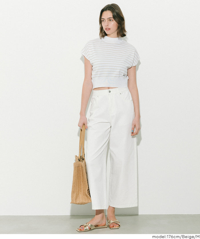 小高領條紋法式袖針織上衣 (French Sleeve Knit Top)