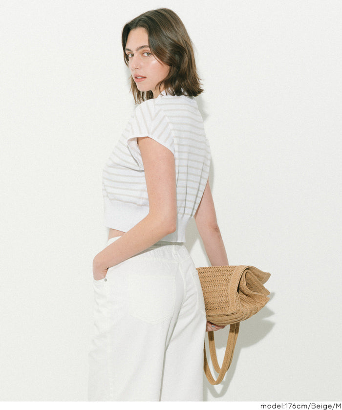 小高領條紋法式袖針織上衣 (French Sleeve Knit Top)