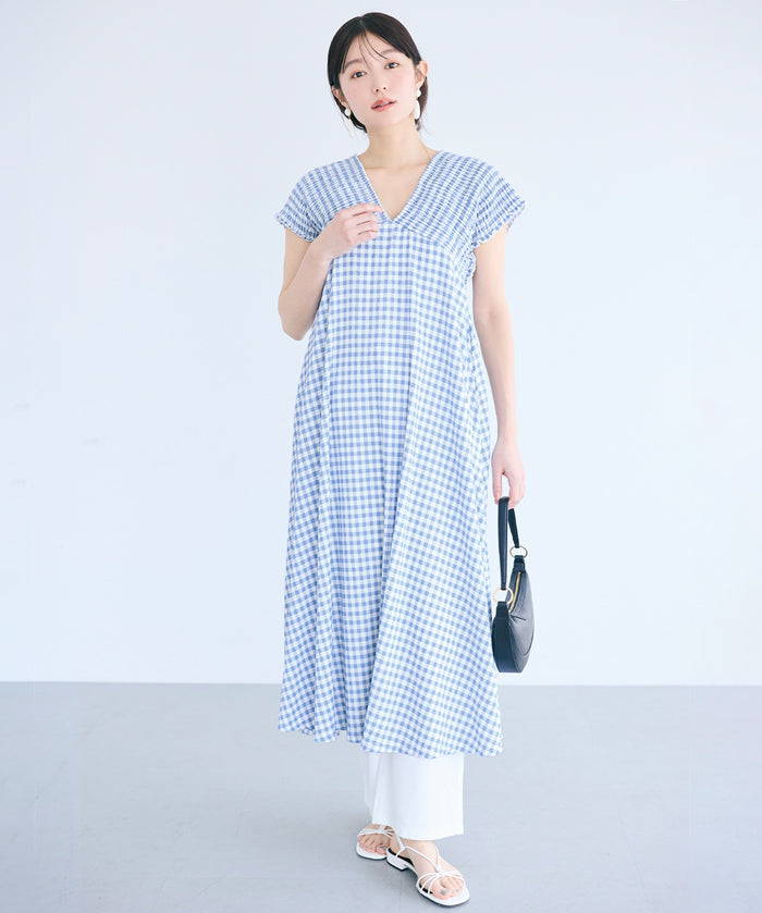 楊柳紋理 後綁帶V領連衣裙(Shirred back ribbon dress )
