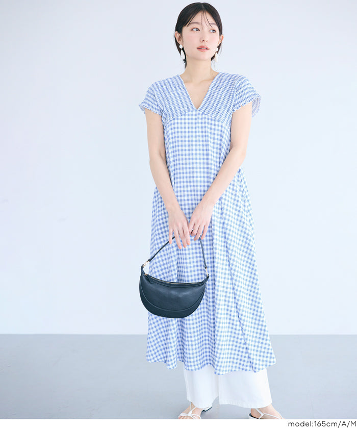 楊柳紋理 後綁帶V領連衣裙(Shirred back ribbon dress )
