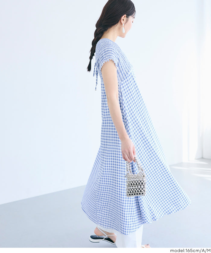 楊柳紋理 後綁帶V領連衣裙(Shirred back ribbon dress )