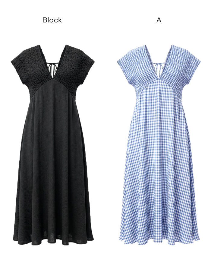 楊柳紋理 後綁帶V領連衣裙(Shirred back ribbon dress )