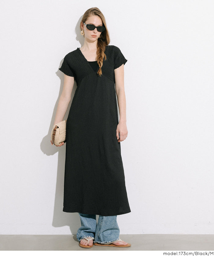 楊柳紋理 後綁帶V領連衣裙(Shirred back ribbon dress )