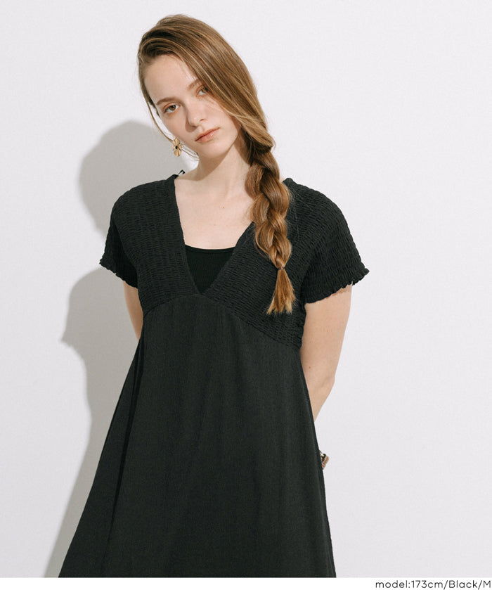 楊柳紋理 後綁帶V領連衣裙(Shirred back ribbon dress )