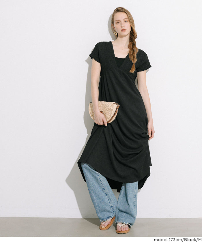 楊柳紋理 後綁帶V領連衣裙(Shirred back ribbon dress )