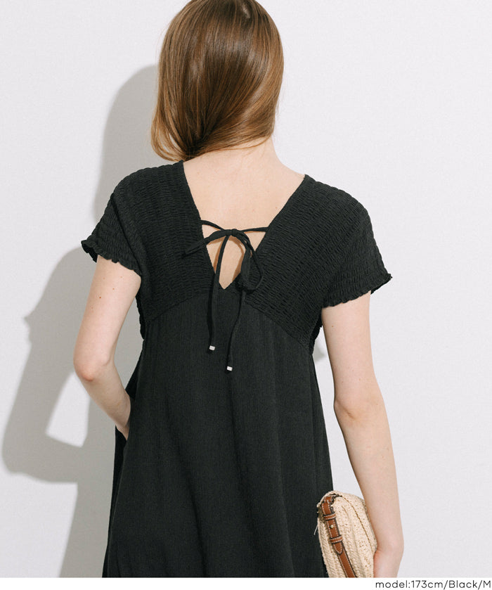 楊柳紋理 後綁帶V領連衣裙(Shirred back ribbon dress )