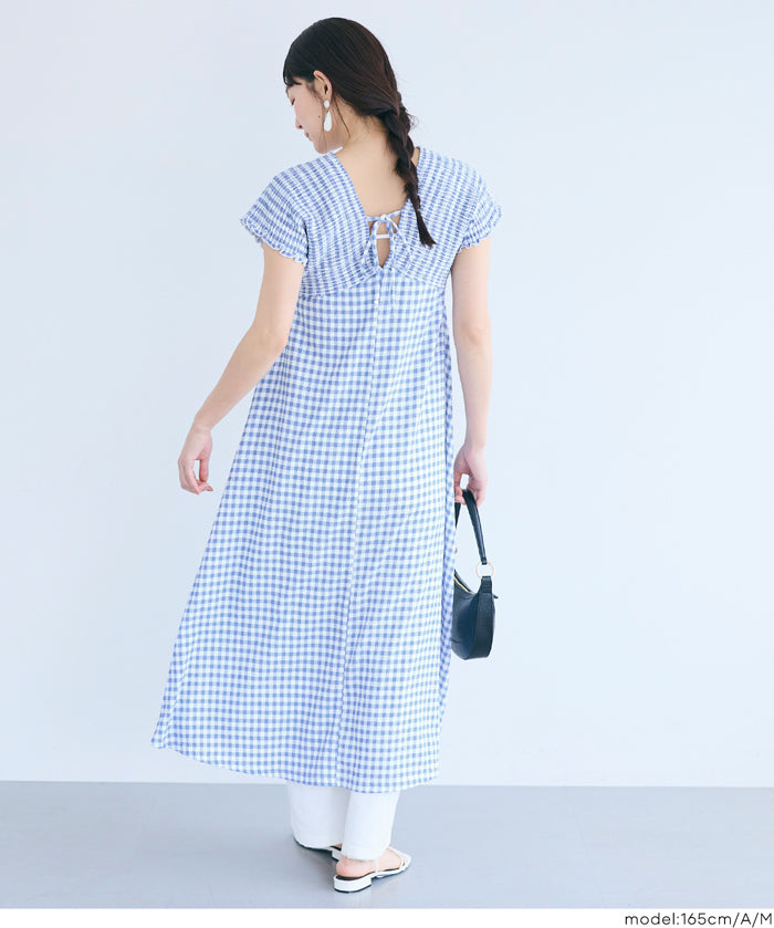 楊柳紋理 後綁帶V領連衣裙(Shirred back ribbon dress )