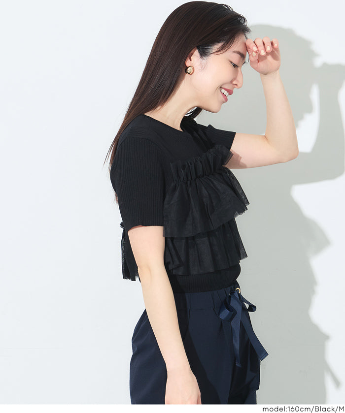 日系蕾絲造型短袖針織上衣 (Frill knit top)