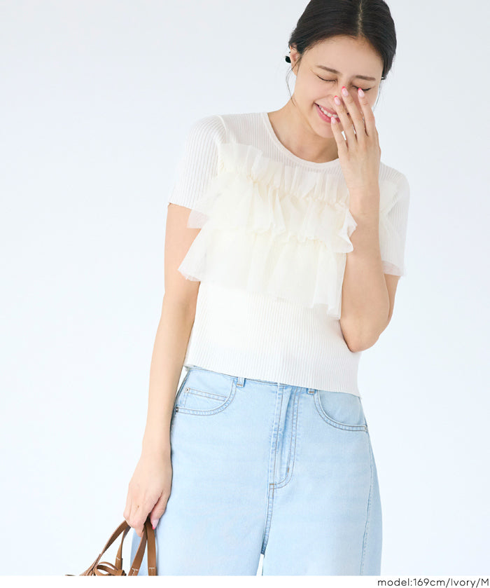 日系蕾絲造型短袖針織上衣 (Frill knit top)