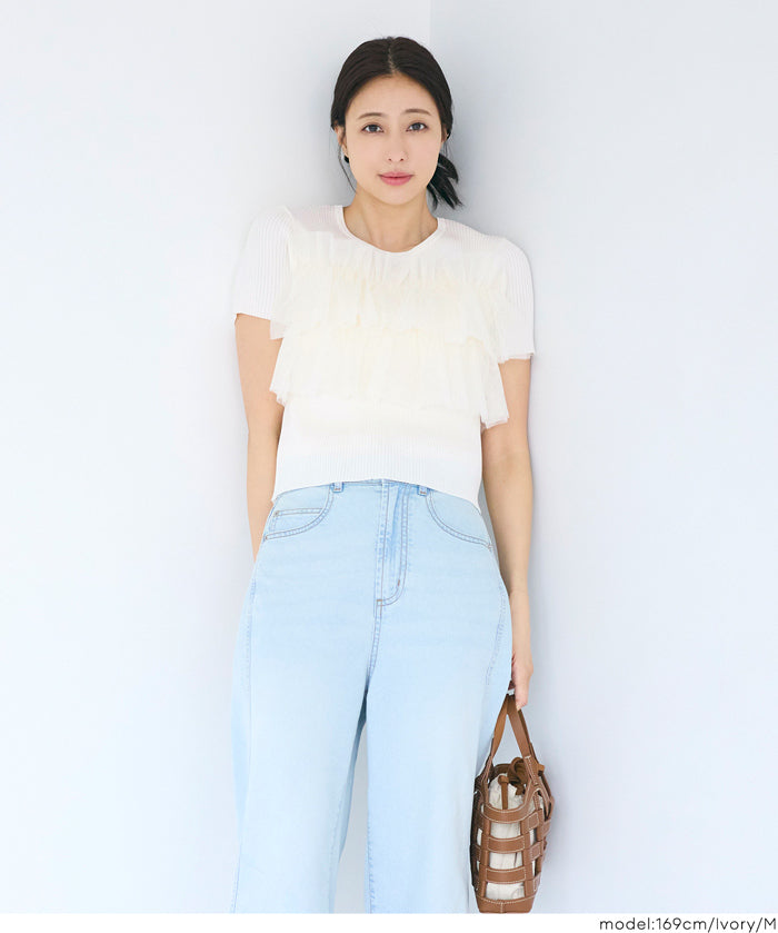日系蕾絲造型短袖針織上衣 (Frill knit top)