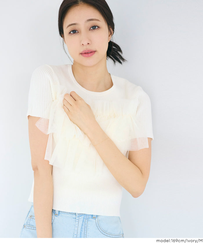 日系蕾絲造型短袖針織上衣 (Frill knit top)