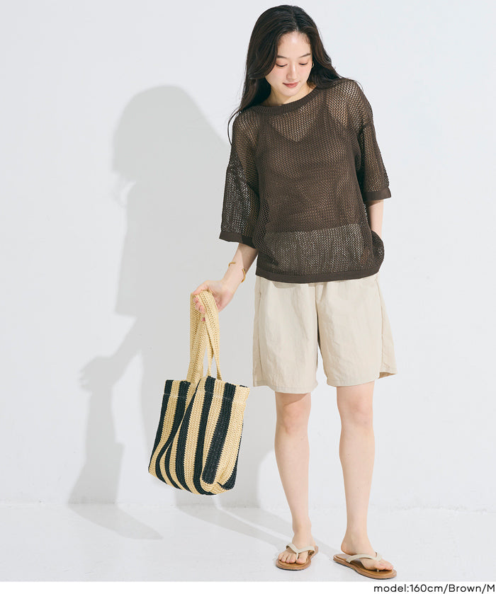 五分袖鏤空針織上衣(Mesh Knit )