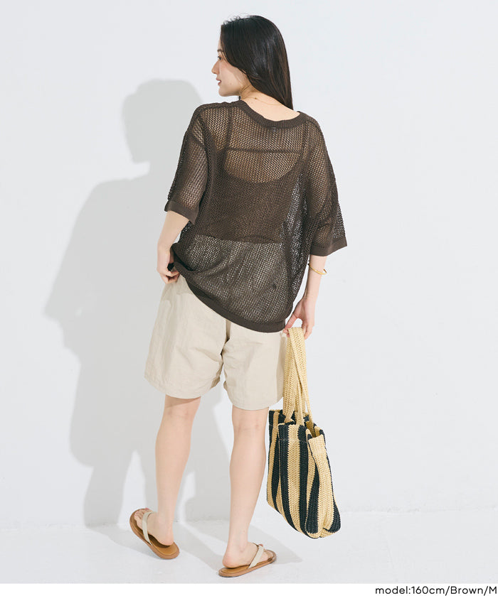 五分袖鏤空針織上衣(Mesh Knit )