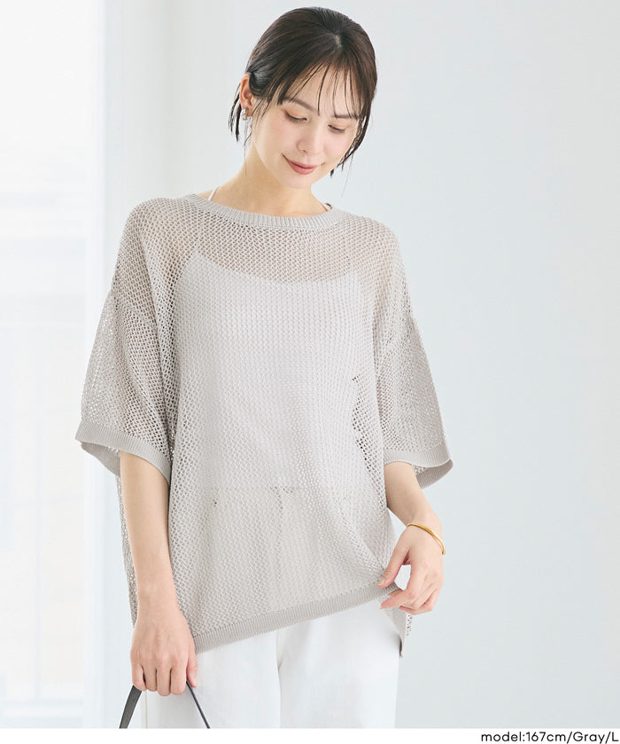 五分袖鏤空針織上衣(Mesh Knit )