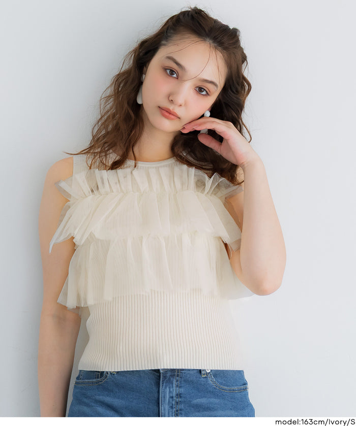 日系蕾絲拼接無袖針織上衣 (Sleeveless frill knit top)