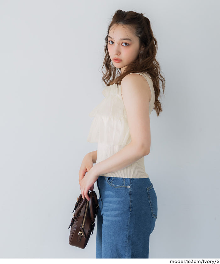 日系蕾絲拼接無袖針織上衣 (Sleeveless frill knit top)