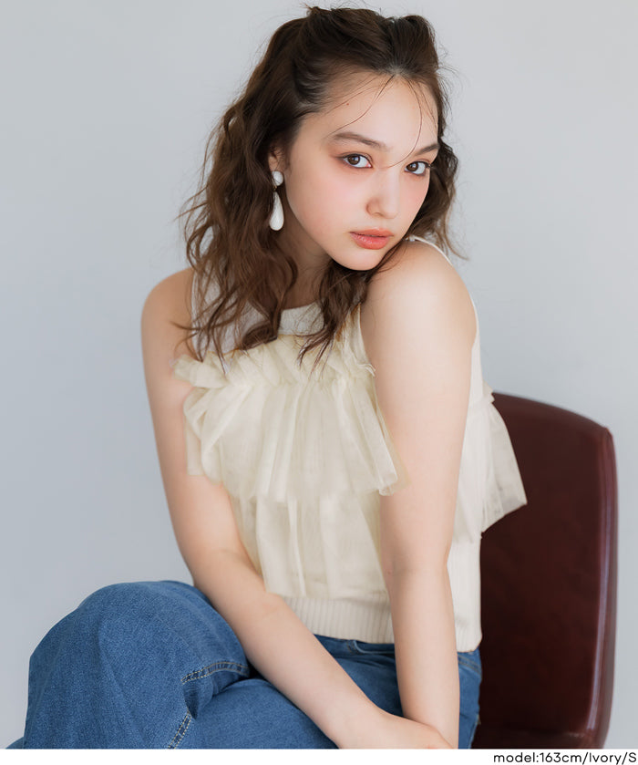 日系蕾絲拼接無袖針織上衣 (Sleeveless frill knit top)