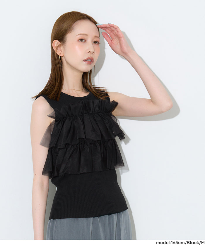 日系蕾絲拼接無袖針織上衣 (Sleeveless frill knit top)