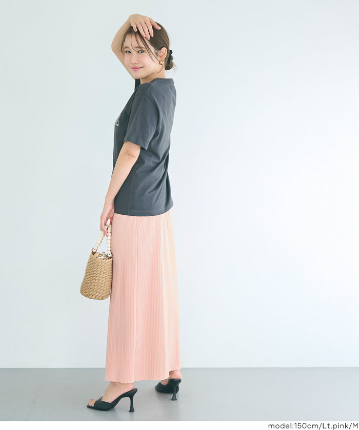 彈性細百褶休閒直筒裙