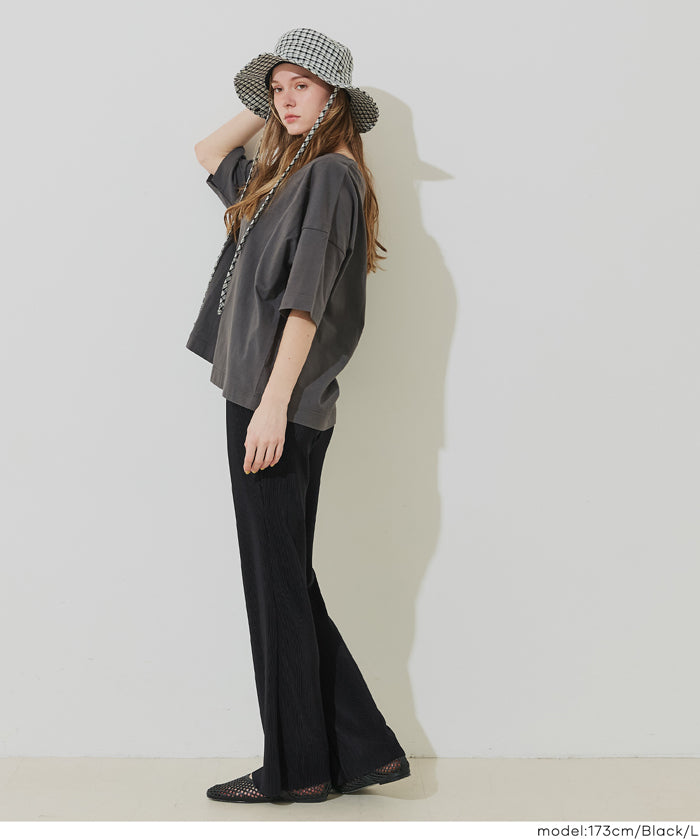 彈性細百褶休閒長褲