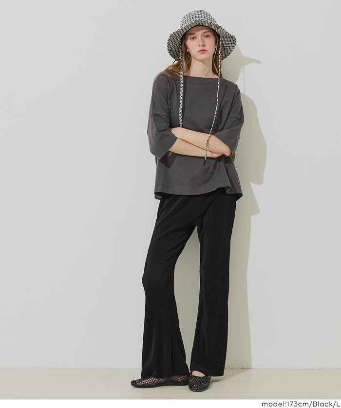 彈性細百褶休閒長褲