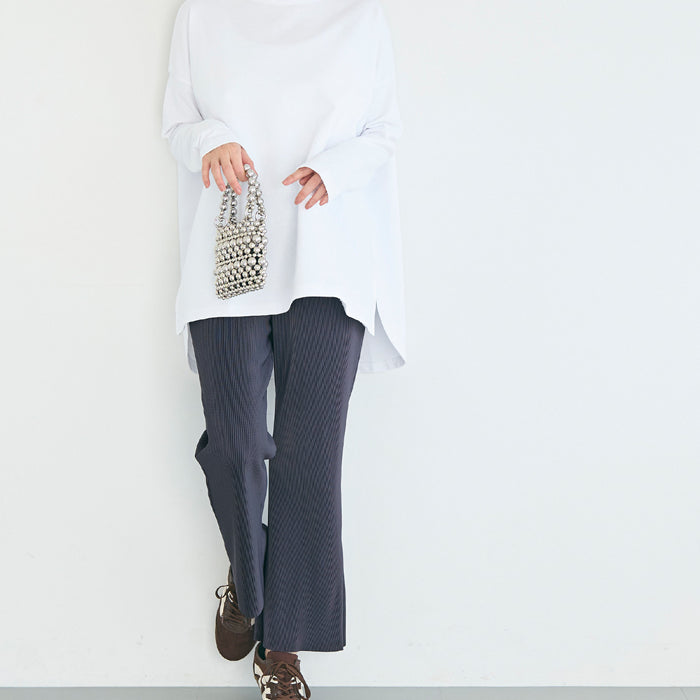 彈性細百褶休閒長褲