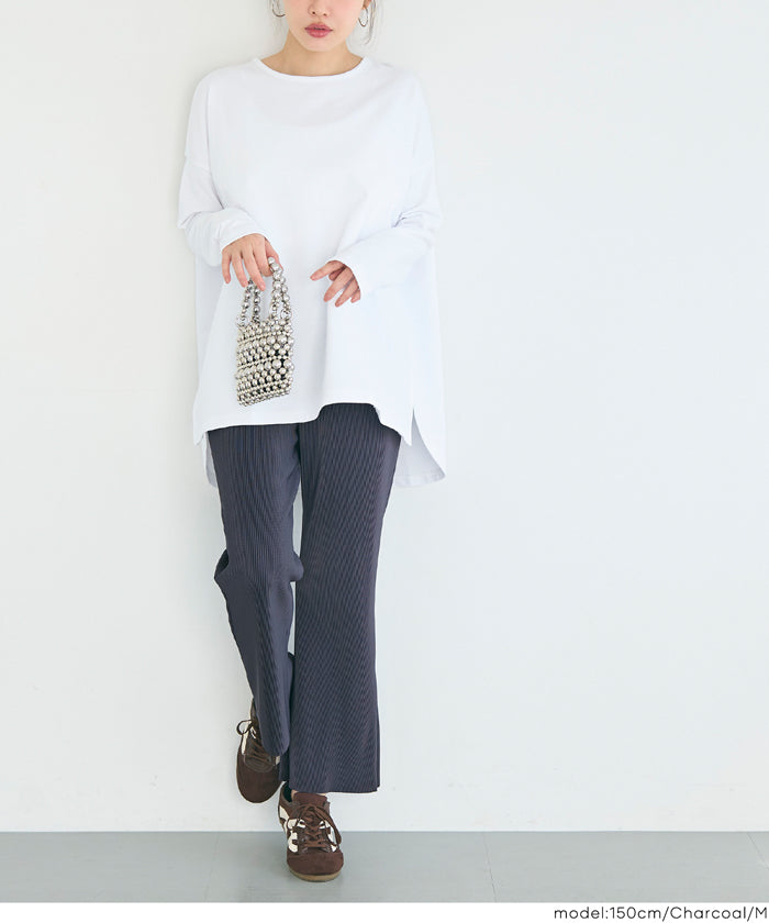 彈性細百褶休閒長褲